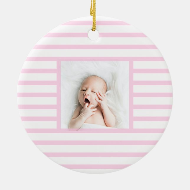 Rosa Sömnig Baby Dino | Modern Baby Rosa Rand Julgransprydnad Keramik (Baksidan)