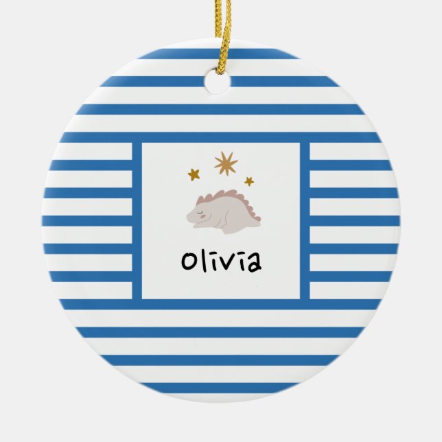 Rosa Sömnig Baby Dino | Modern Rand i marinblå flo Julgransprydnad Keramik (Framsidan)
