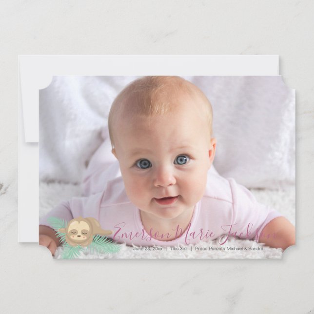 Rosa Sömnig fotomeddelande om Baby Sloth Baby Meddelande (Framsida)