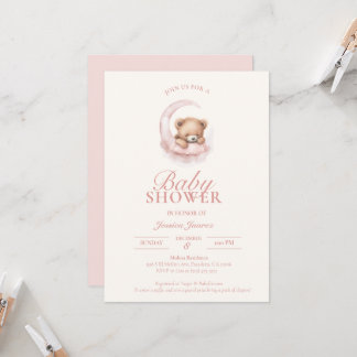 Rosa Sömnig inbjudan till Nalle Baby Shower