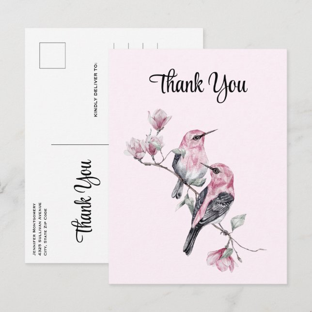 Rosa Songfåglar vid Träd Gren Tack Vykort (Fram/baksida)