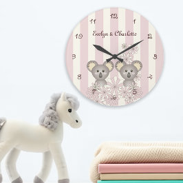 Rosa Söt Bebis Koala Tvilling Flickrum / Barnrum Stor Klocka