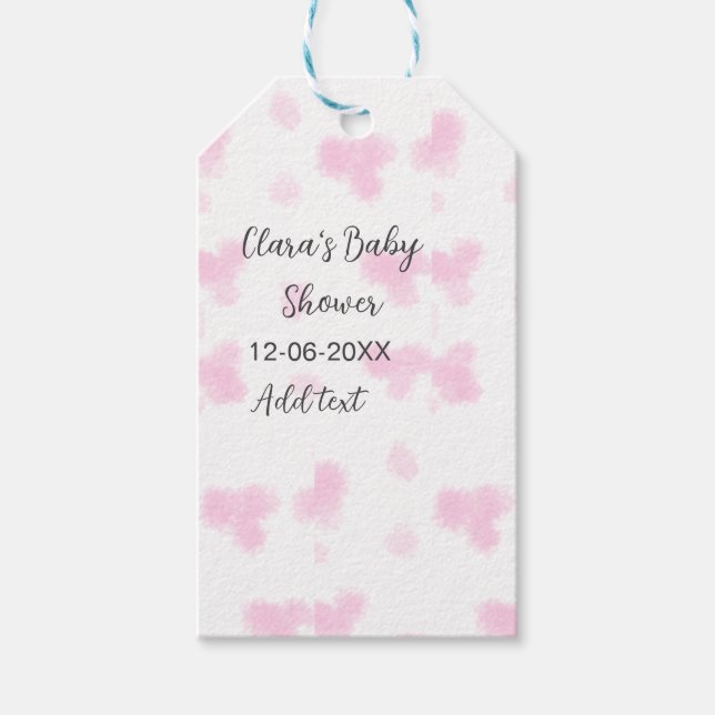 Rosa, söt blomsterbabyduschvattensfärg, modernt da presentetikett (Framsidan)