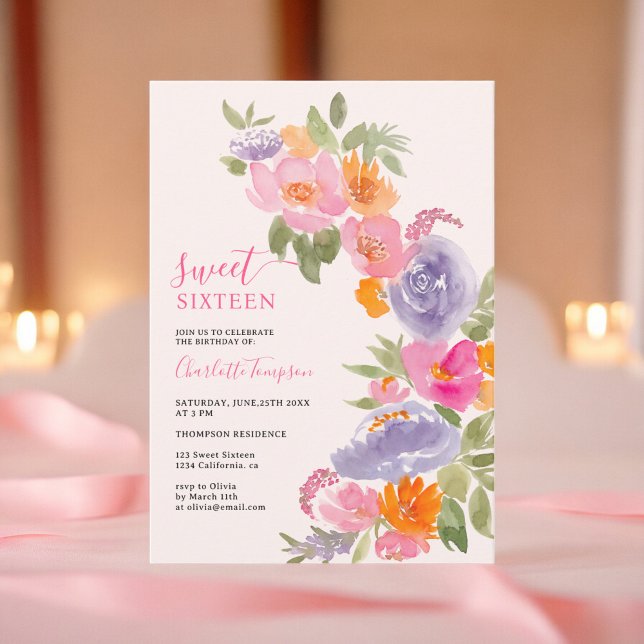 Rosa Söt boho blommigt vattenfärg söt 16 Inbjudningar (Pink Pretty boho floral watercolor sweet 16 Invitation)