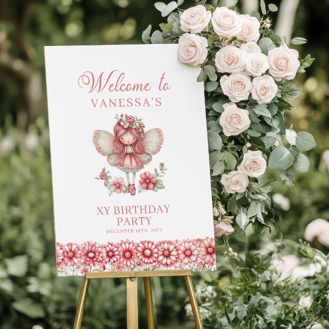 Rosa Söt Fe-flora 3-års Födelsedags Välkomstskylt Poster (Blush Cute Fairy Floral 3rd Birthday Welcome Sign)