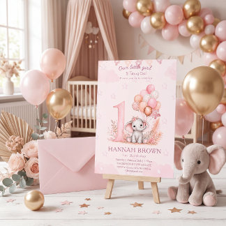 Rosa söt flicka elefant 1:a blommig födelsedag Inbjudningar