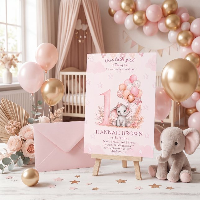  Rosa söt flicka elefant 1:a blommig födelsedag Inbjudningar (Skapare uppladdad)