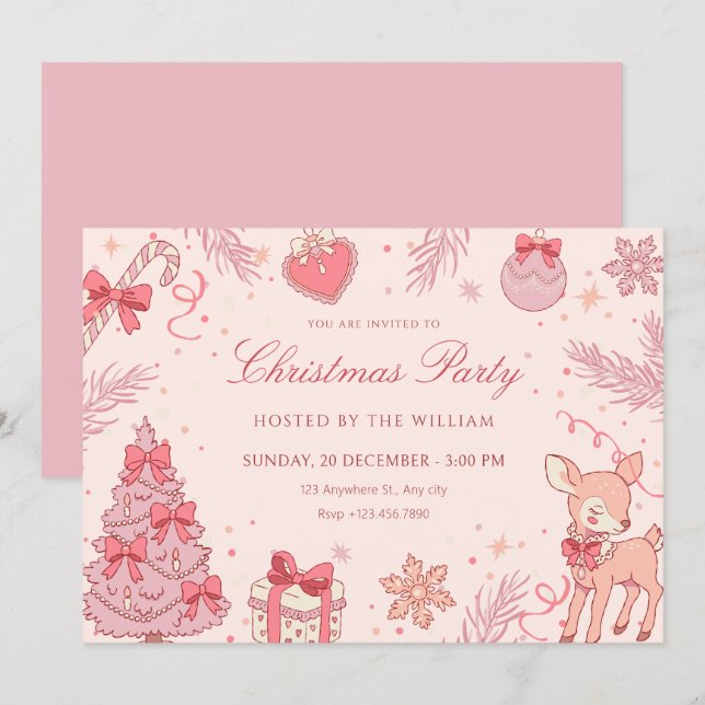 Rosa söt julfest inbjudningar (Fram/baksida)