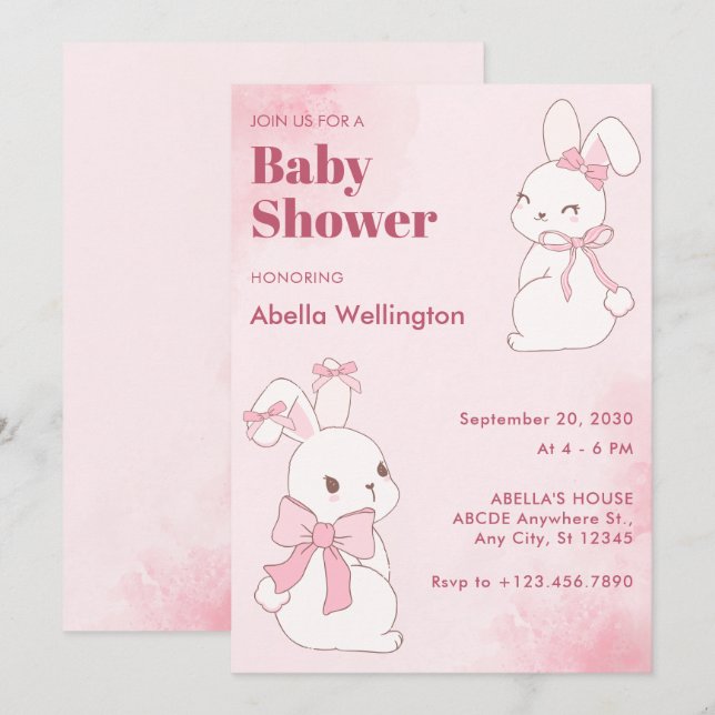 Rosa söt kanin, babydusch inbjudningar (Fram/baksida)