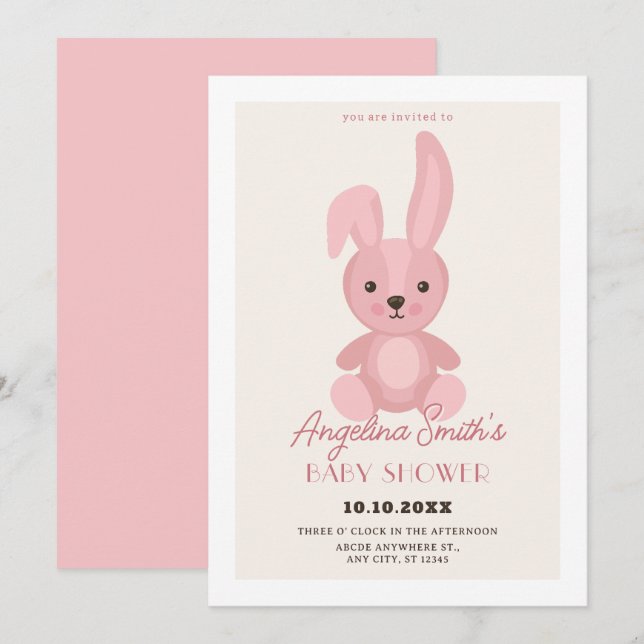 Rosa söt kanindocka, babydusch inbjudningar (Fram/baksida)