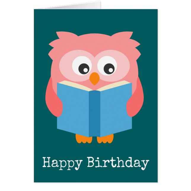 Rosa, söt läsning uggla hälsningskort (Framsidan)
