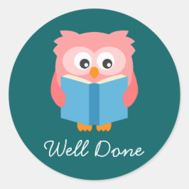 Rosa, söt läsning uggla runt klistermärke