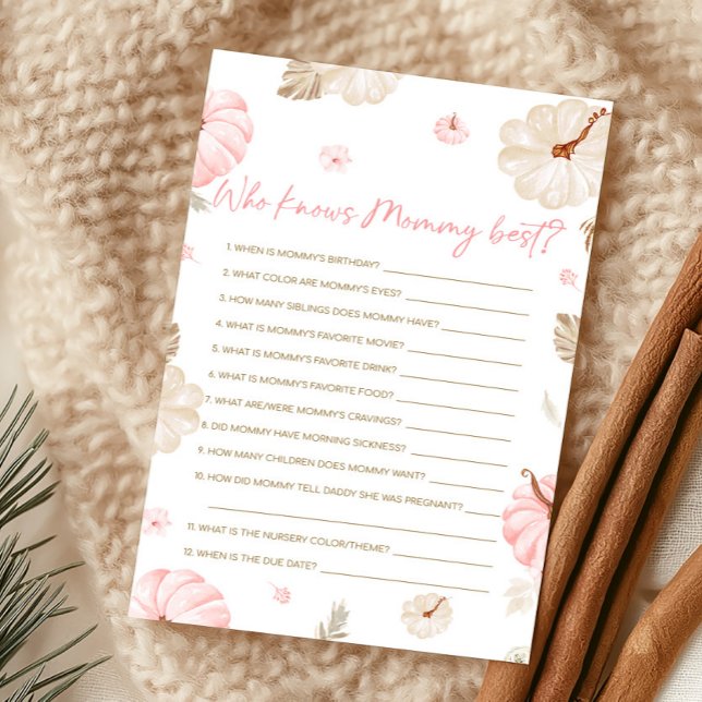 Rosa söt lilla pumpa som vet vem som är mammas bäs (Girl Fall Pumpkin Baby Shower Who Knows Mommy Best Game)