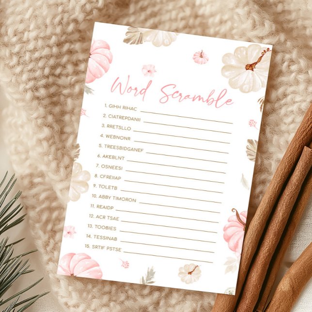Rosa Söt Liten Pumpa Höst Ord Blandning Spel (Girl Fall Pumpkin Baby Shower Word Scramble Game)