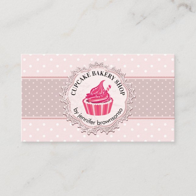 Rosa Söt Prickig Cupcake Visitkort (Framsida)