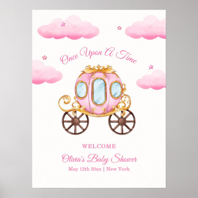 Rosa söt prinsessa vagn baby shower välkomstskylt poster (Framsidan)