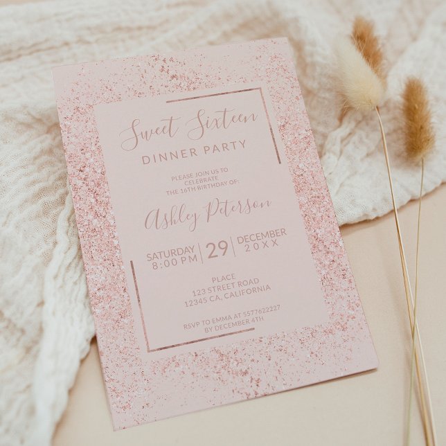  rosa söt ro guld glitter ram  16 inbjudningar (Rose gold glitter frame pastel blush pink sweet 16 invitation)