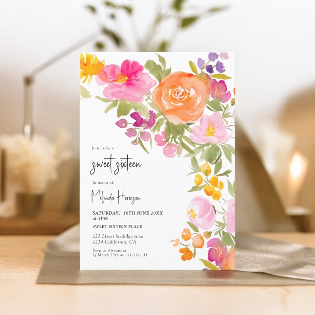 Rosa Söt romantisk sommar blommigt söt 16 Inbjudningar (Pink Pretty romantic summer floral sweet 16 Invitation on white)