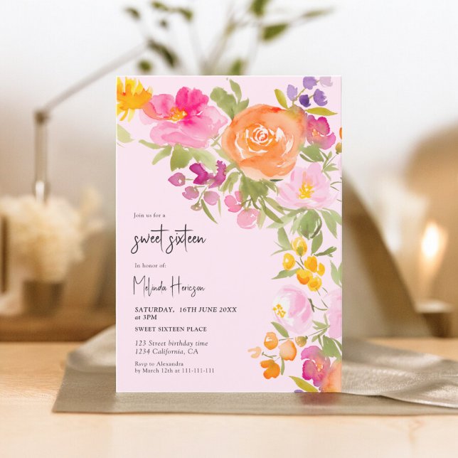 Rosa Söt romantisk sommar blommigt söt 16 Inbjudningar (Pink Pretty romantic summer floral sweet 16 Invitation on pink)