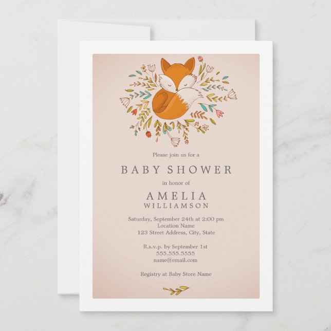 Rosa söt skogsräv baby shower inbjudan (Framsida)