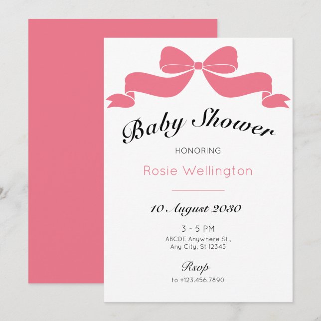 Rosa, söt slidrabon, babydusch inbjudningar (Fram/baksida)