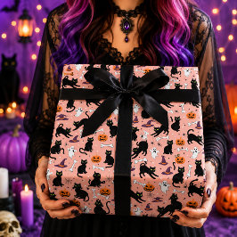 Rosa Söt Svart Katt Spöke Pumpa Halloween Presentpapper