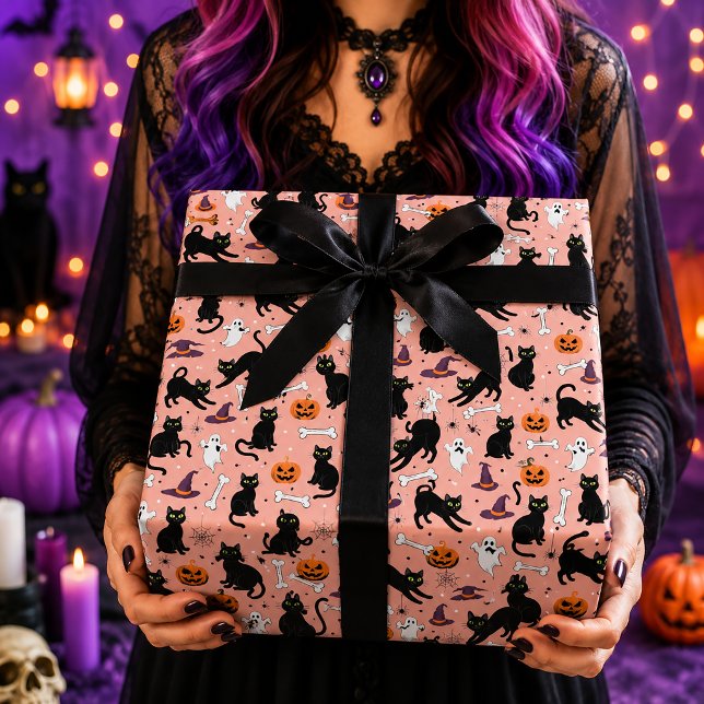 Rosa Söt Svart Katt Spöke Pumpa Halloween Presentpapper (Skapare uppladdad)