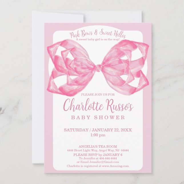 Rosa söt välkomstbåge Baby Shower Vattenfärg Inbjudningar (Framsida)