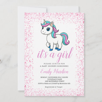 Rosa söt vattenfärg enhörning baby shower inbjudningar