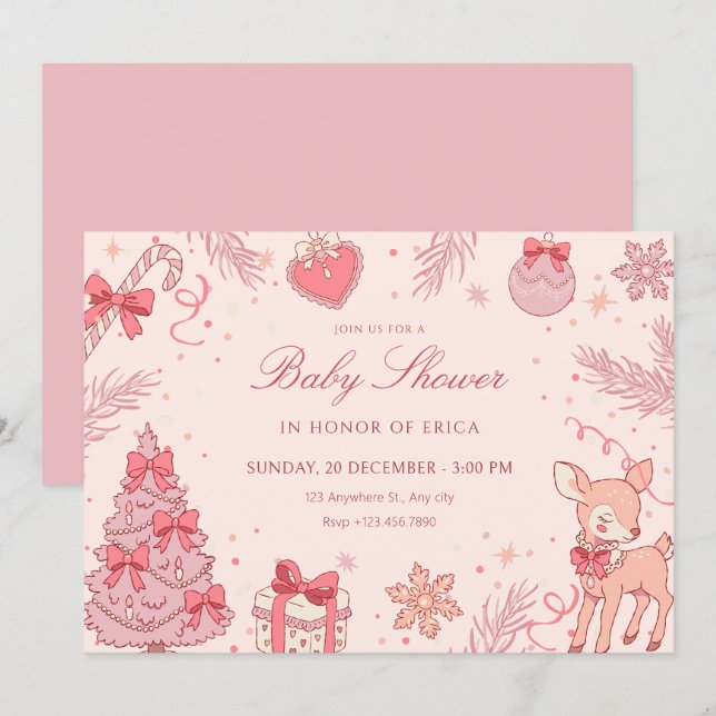 Rosa söt vinter baby shower inbjudningar (Fram/baksida)