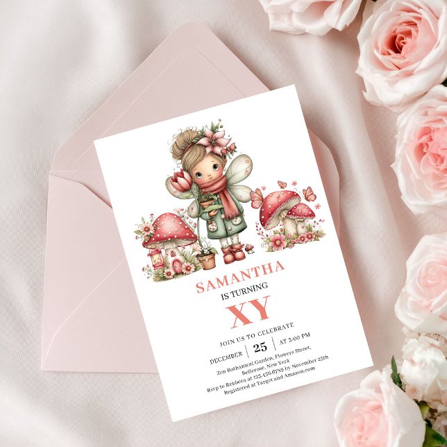 Rosa söta älva 2-års födelsedags blommig inbjudan (Pink Cute Fairy 2nd Birthday Floral Invitation)