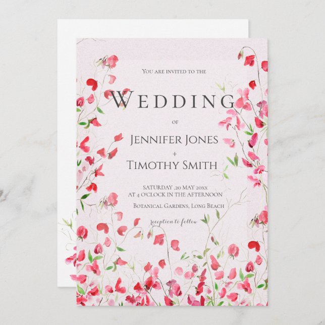 rosa söta ärter vattenfärg 2 bröllopsinbjudan inbjudningar (Fram/baksida)