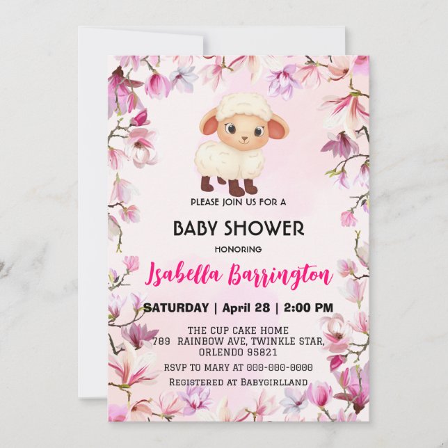 Rosa söta bagge får blomma blommig baby shower bar inbjudningar (Framsida)