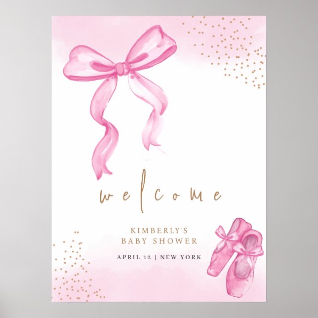 Rosa söta ballerinaskor båge välkommen baby shower poster (Framsidan)