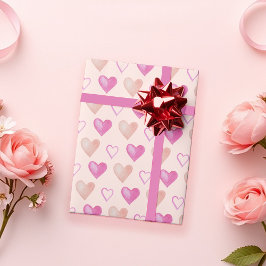Rosa söta hjärtan i vattenfärg handmålade presentpapper