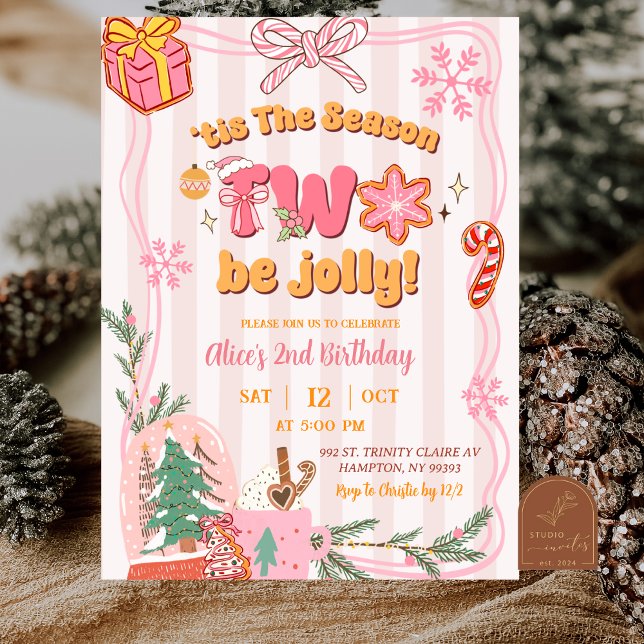 Rosa söta retro jul vinter 2-års födelsedag inbjudningar (Skapare uppladdad)