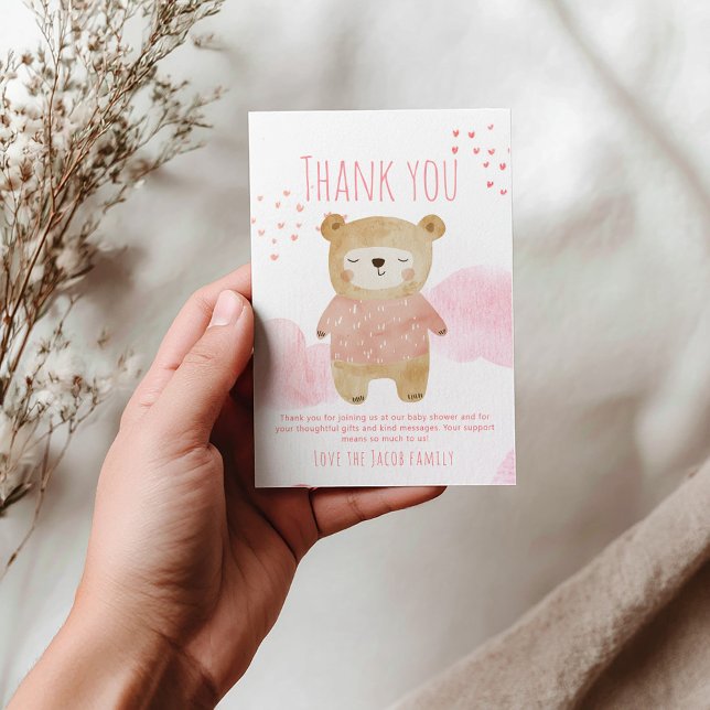 Rosa Söta sovande Baby Bear Hearts and Clouds Tack Kort (Pink cute sleepy bear thank you card, baby shower)