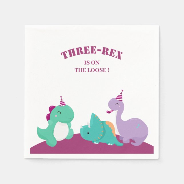 Rosa söta tre dinosaurie födelsedag pappersservett (Framsidan)