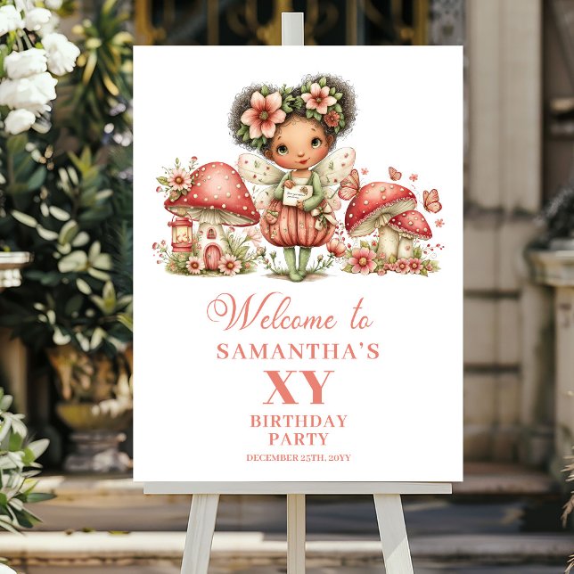 Rosa sött alv-födelsedagsaffisch för 5-årsdag välk poster (Pink Cute Fairy 5th Birthday Welcome Poster)