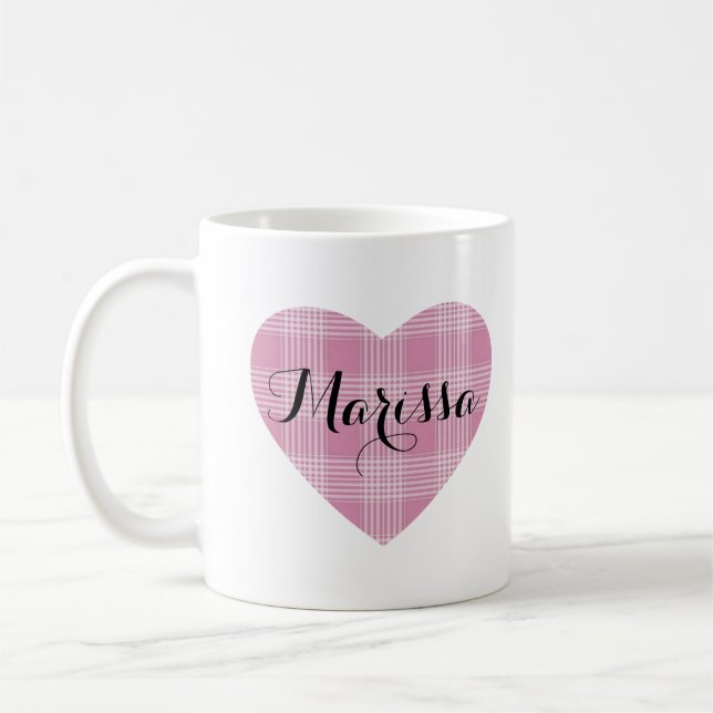 Rosa Sött Rutmönstrat Hjärtmonogram Kaffemugg (Vänster)