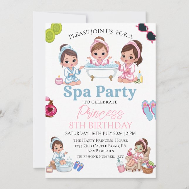 Rosa spa-fest för tjej 8-års födelsedagsinbjudan inbjudningar (Framsida)