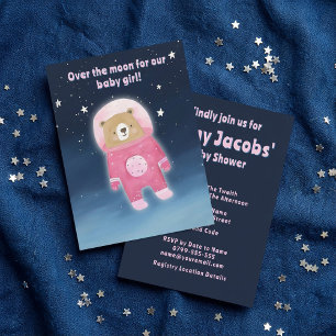 Rosa Space Bear Baby Shower är en flickastronaut Inbjudningar