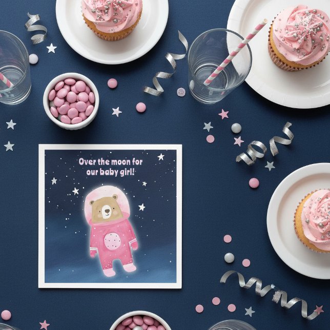 Rosa Space Bear över Måne Blue Starry himmel Pappersservett (Pink space teddy bear it's a girl gender reveal, baby shower, party napkin.)