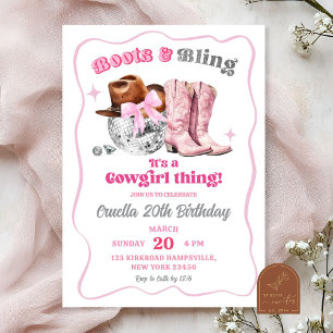 Rosa Space Cowgirl Boots and Bling Birthday Inbjudningar