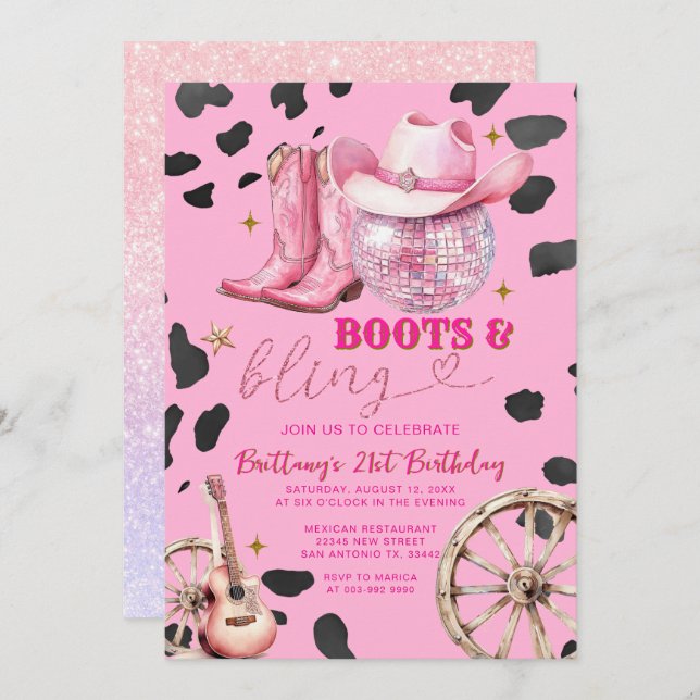 Rosa Space Cowgirl Vuxen Födelsedagsfest Inbjudningar (Fram/baksida)