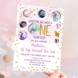 Rosa Space Galaxy Girl First Birthday Inbjudningar