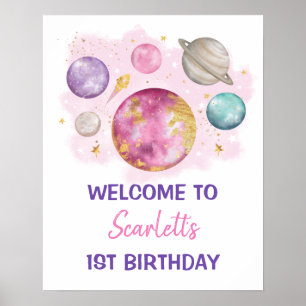 Rosa Space Galaxy Planets Girl Birthday Välkommen Poster