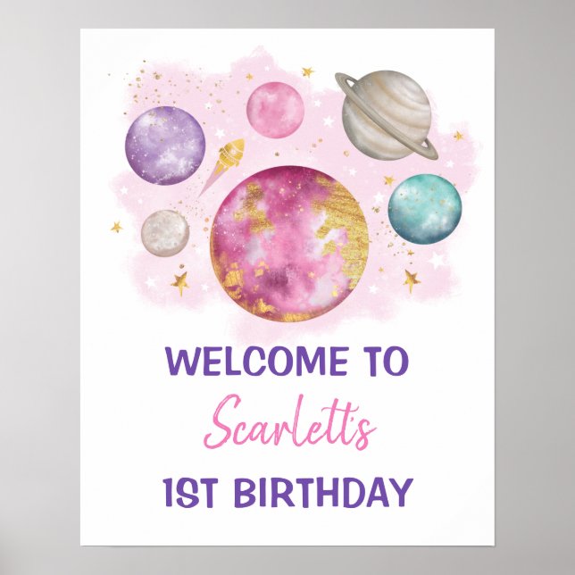 Rosa Space Galaxy Planets Girl Birthday Välkommen Poster (Framsidan)