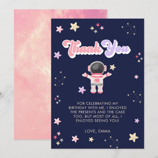 Rosa Space Stars Astronaut Birthday Tack för ditt  (Fram/baksida)