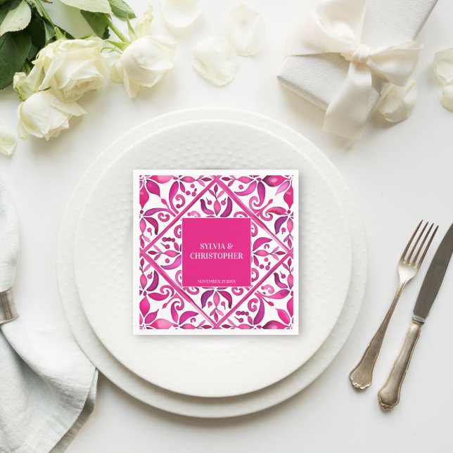 Rosa Spanska talavera bröllop monogram tryckt Pappersservett (Pink Spanish Mexican talavera Hacienda wedding monogram printed Napkins template personalized decor)